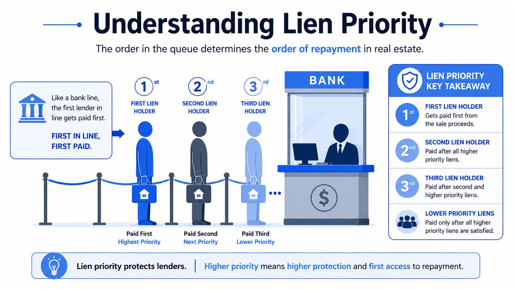 A visual guide illustrating lien priority as a queue to explain the order of repayment for lenders.
