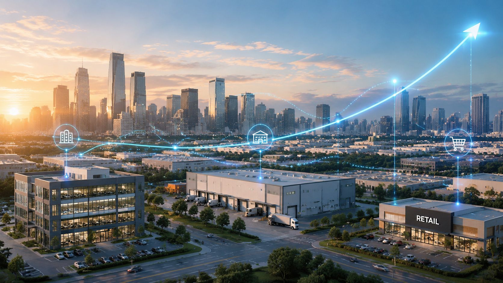 A digital illustration showing a cityscape connected by blue lines representing a supply chain logistics network.