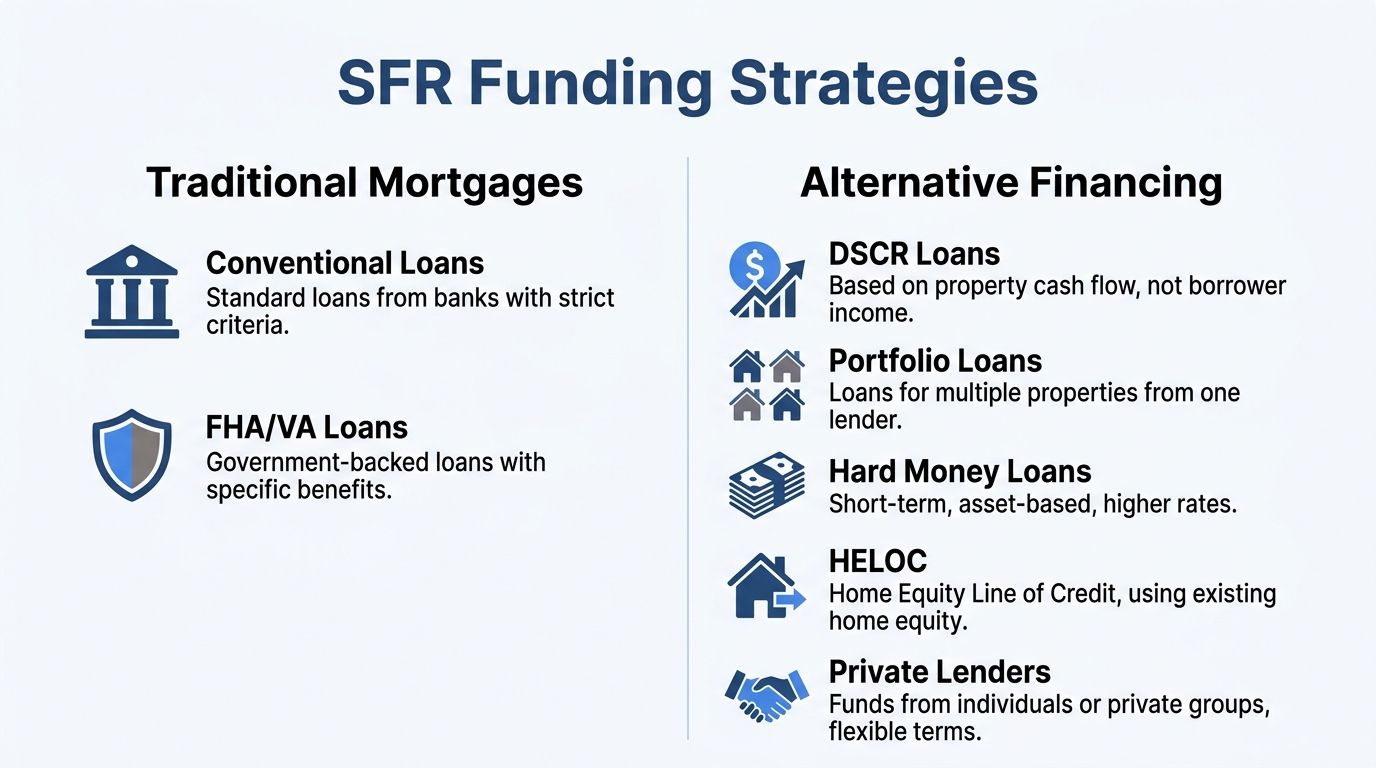 A visual comparison infographic showing traditional mortgages versus alternative financing options for single family residential real estate.
