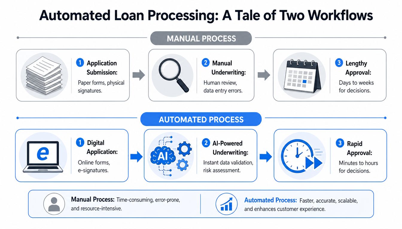 A comparison infographic showing the difference between traditional manual loan processing and modern automated AI-powered loan workflows.