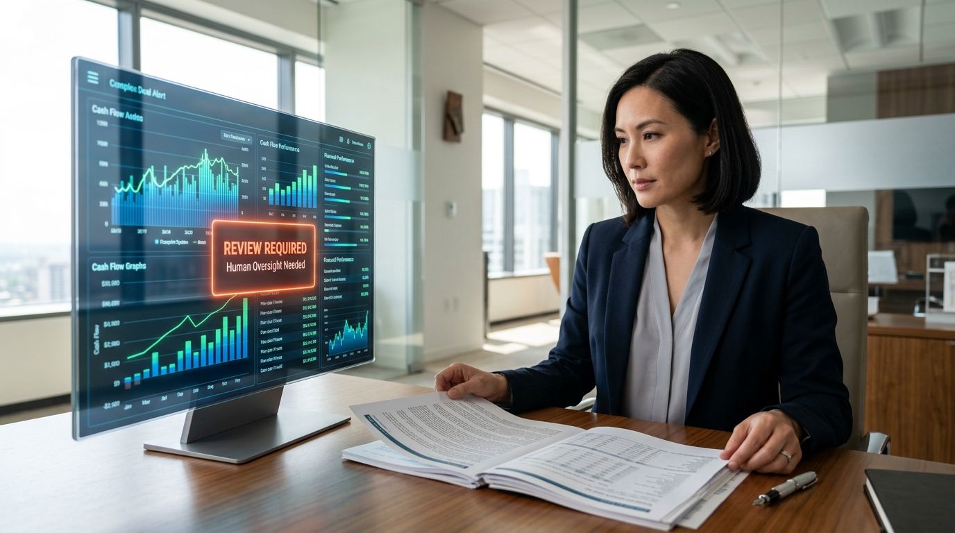 A professional woman in a business suit reviewing financial documents while monitoring automated loan data on a screen.