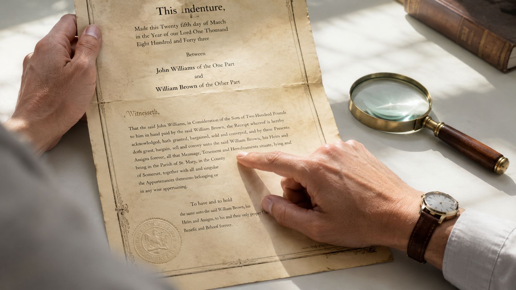 A person examining an antique land indenture legal document with a magnifying glass on a desk.