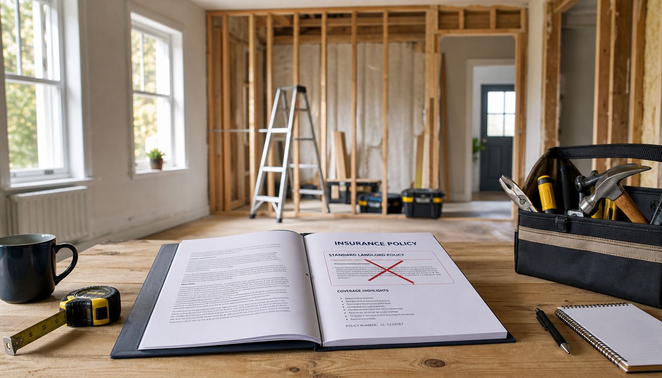 A landlord insurance policy folder sits on a wooden desk with construction tools inside a room under renovation.