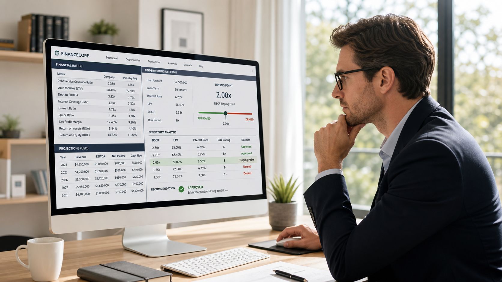 A professional man reviewing financial loan data and underwriting metrics on a computer screen in an office.