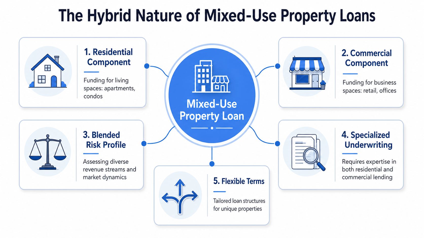An infographic titled The Hybrid Nature of Mixed-Use Property Loans explaining its five key characteristics.