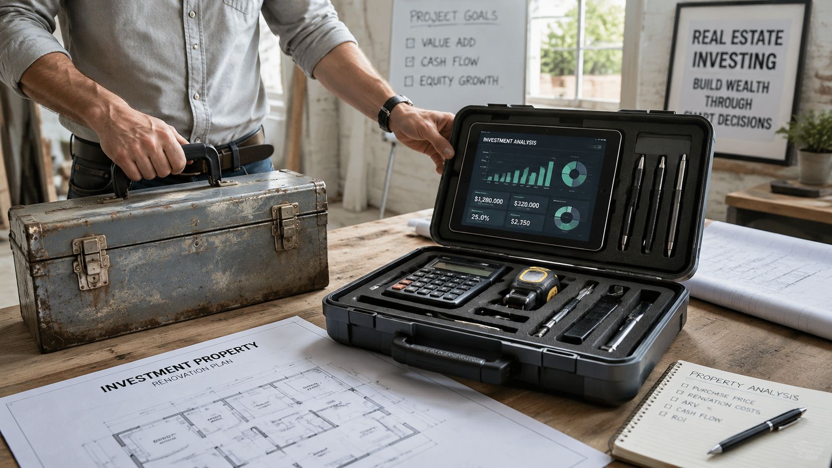 A professional holding a toolbox next to an open case containing a tablet for real estate analysis.