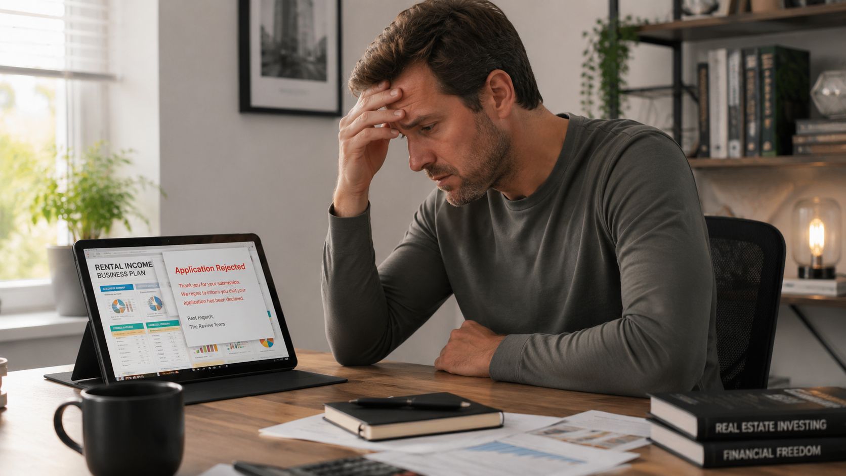 A distressed man sitting at his desk looking at a rental income business plan application rejection notice.