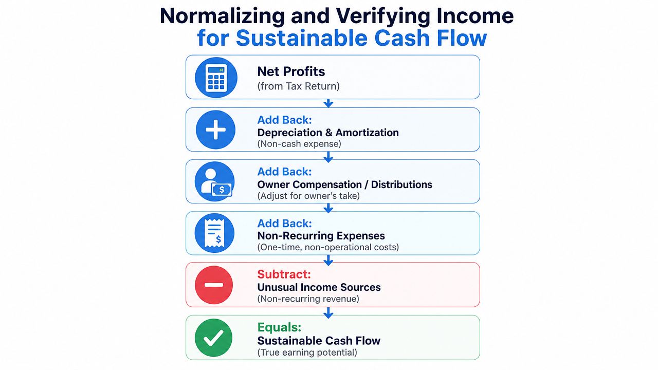 A flowchart showing the steps to calculate sustainable cash flow from tax return net profits.