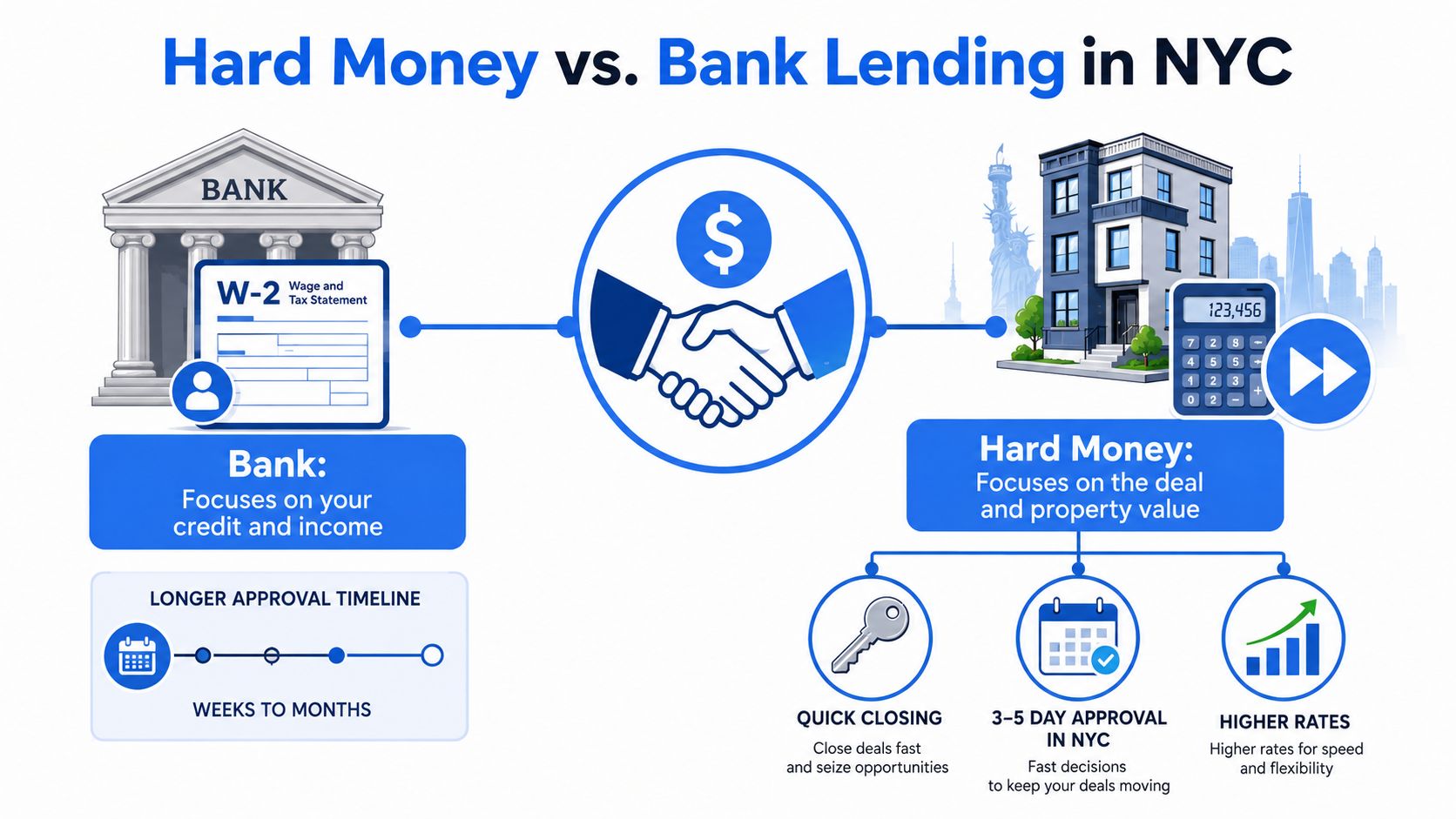An infographic comparing hard money lending and bank lending options for real estate in New York City.