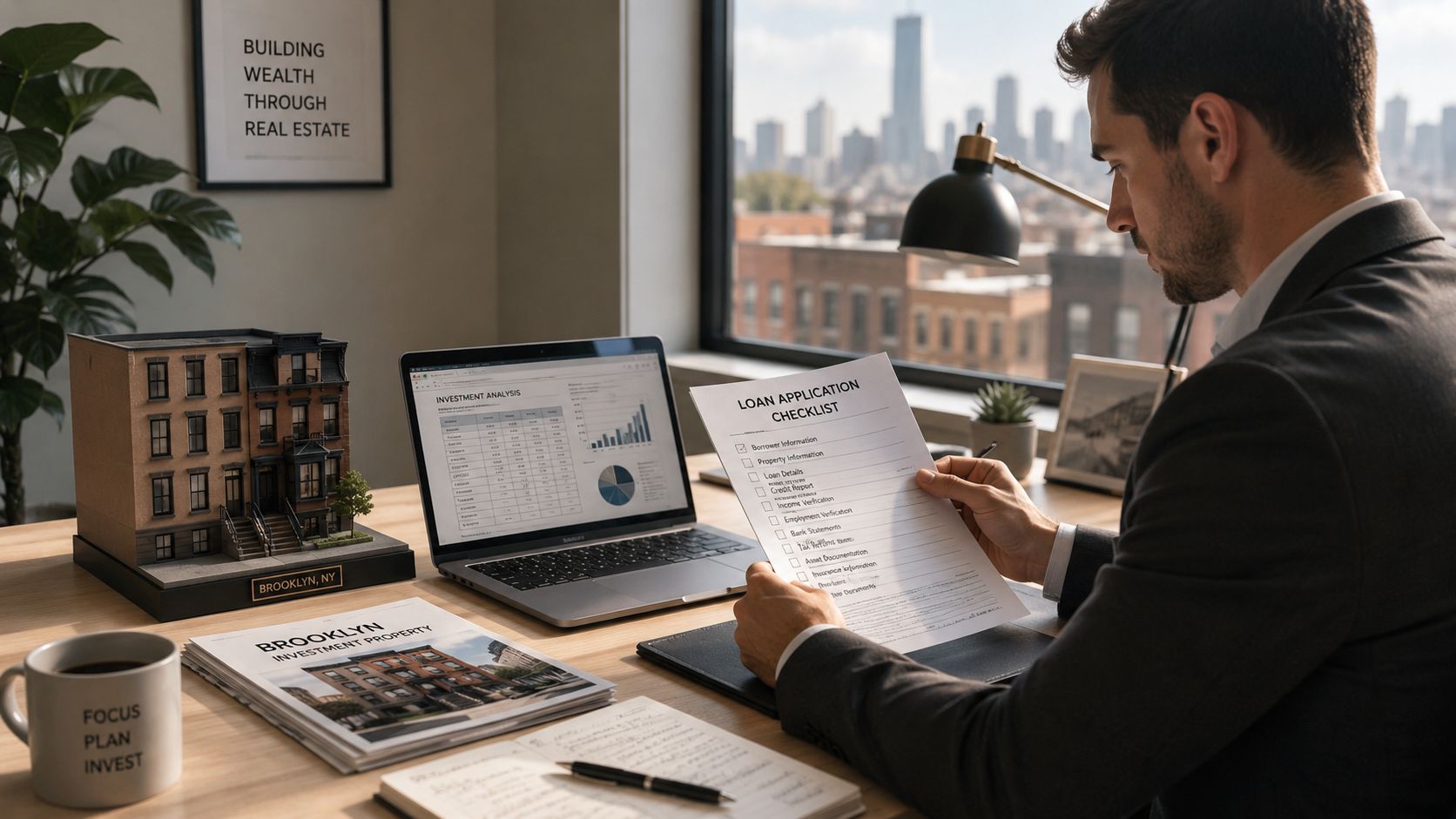 A professional real estate investor reviewing a loan application checklist at a desk with a building model.