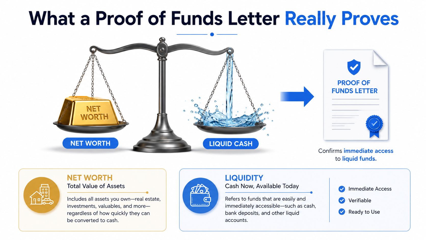 An infographic showing the difference between net worth assets and liquid cash for a proof of funds letter.