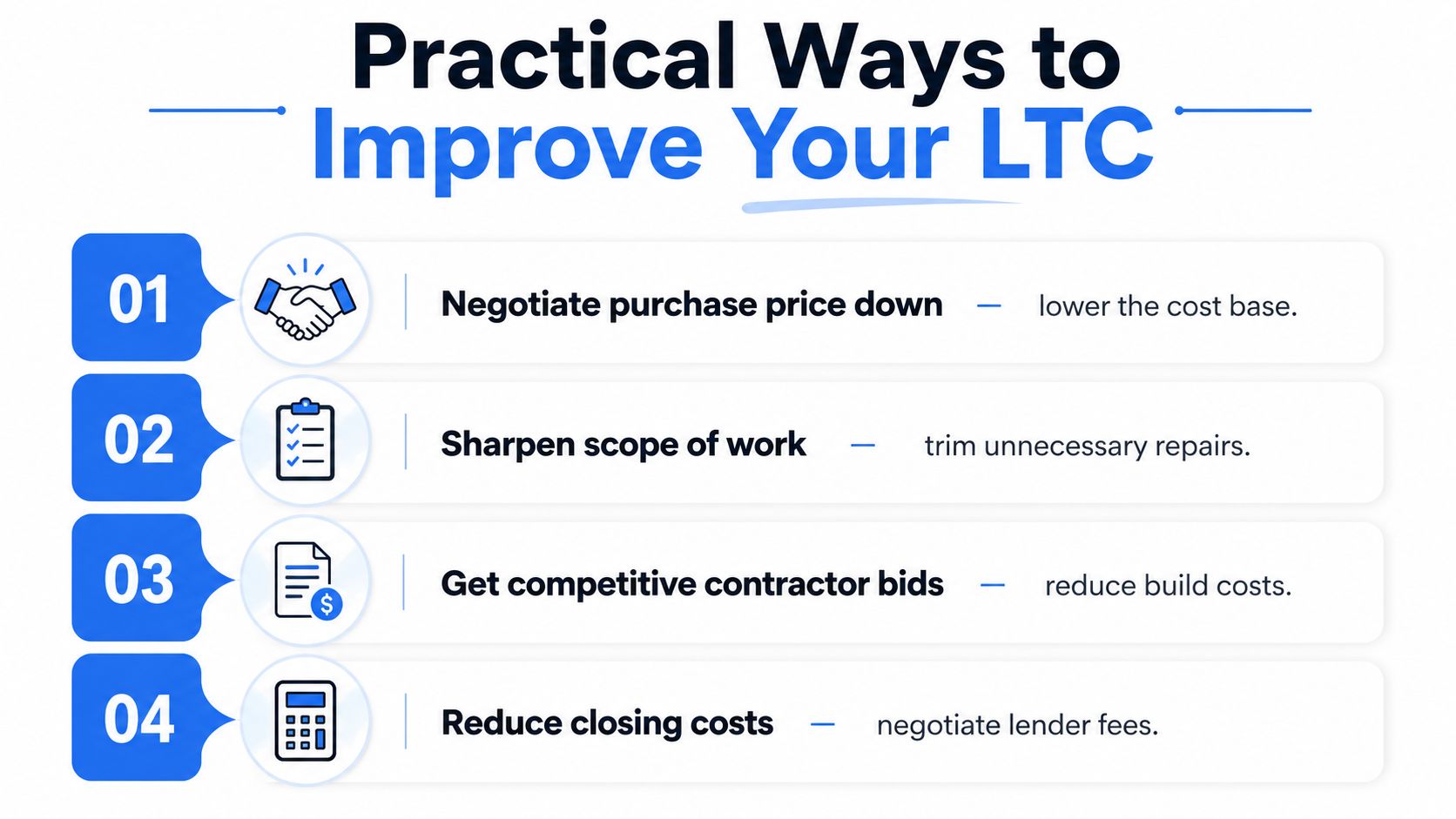 A list of four practical steps to improve your Loan-to-Cost (LTC) ratio for real estate investing.