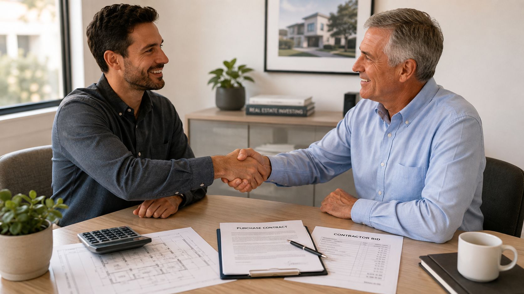 A professional real estate agent and a client shaking hands over a purchase contract in an office.