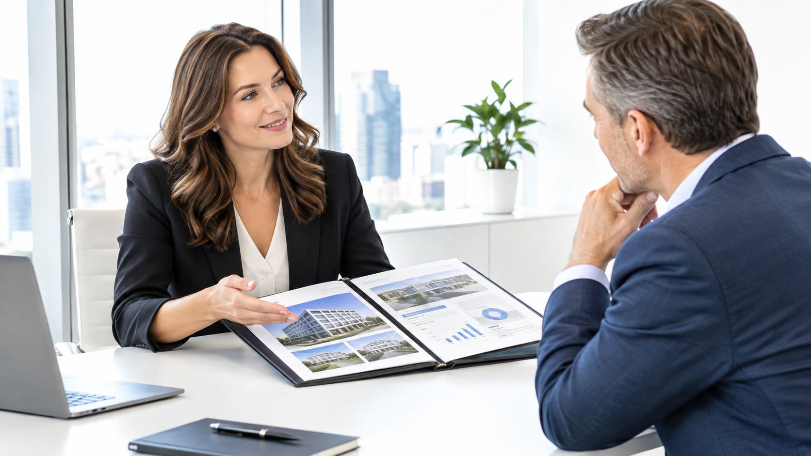 A professional woman in a suit presenting real estate documents to a male colleague in an office.