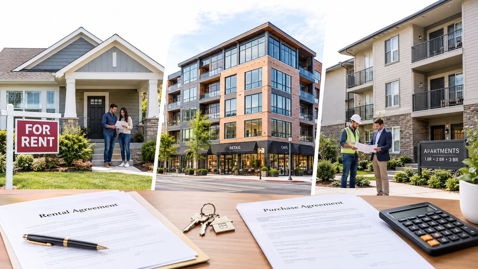 Comparison of residential house rental and apartment living with commercial real estate development and legal documents.