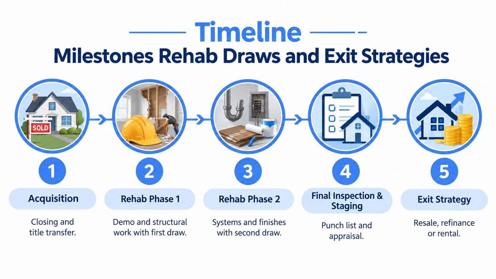 A five-step timeline infographic showing the property rehab and exit strategy process for real estate investing.