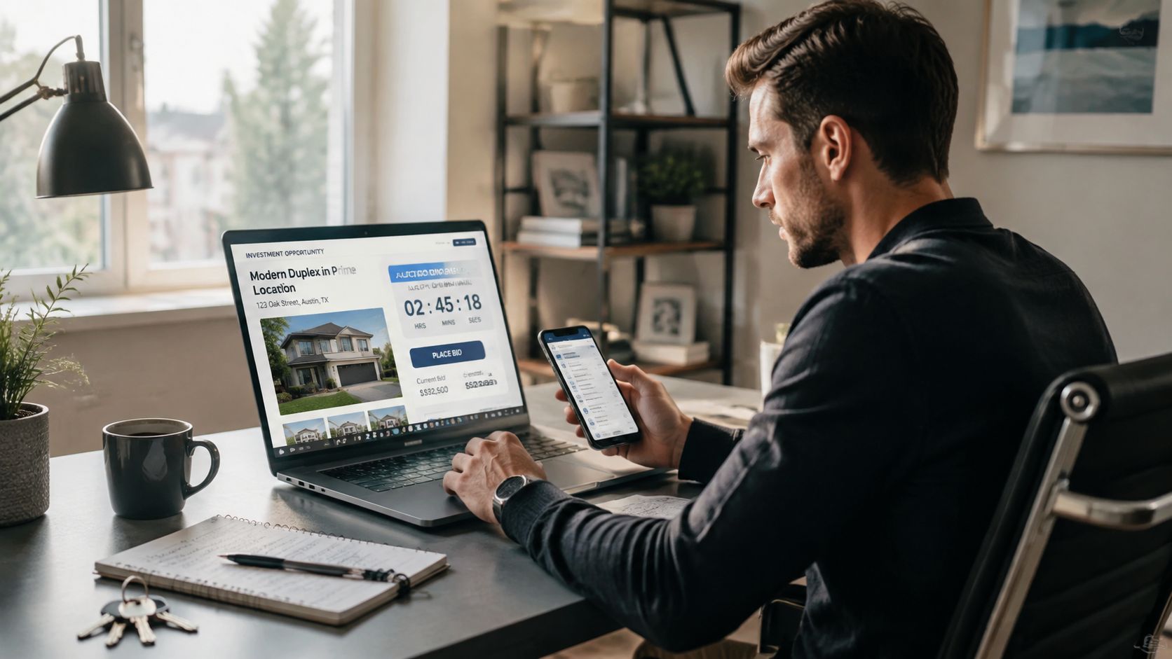A man working on his laptop while using a smartphone in a modern home office setting.