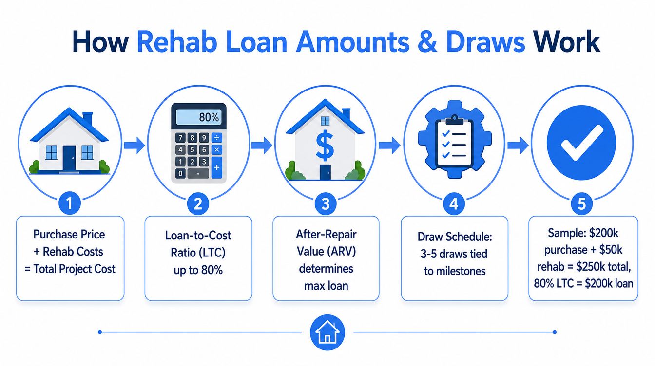An infographic showing the five-step process of how rehab loan amounts and draws work for property investors.