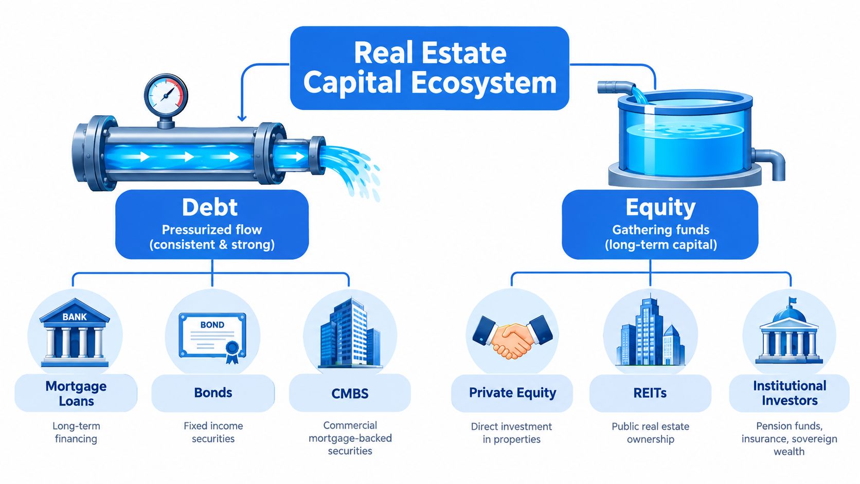 A diagram illustrating the real estate capital ecosystem, categorized into debt, represented by pipes, and equity, represented by pools.