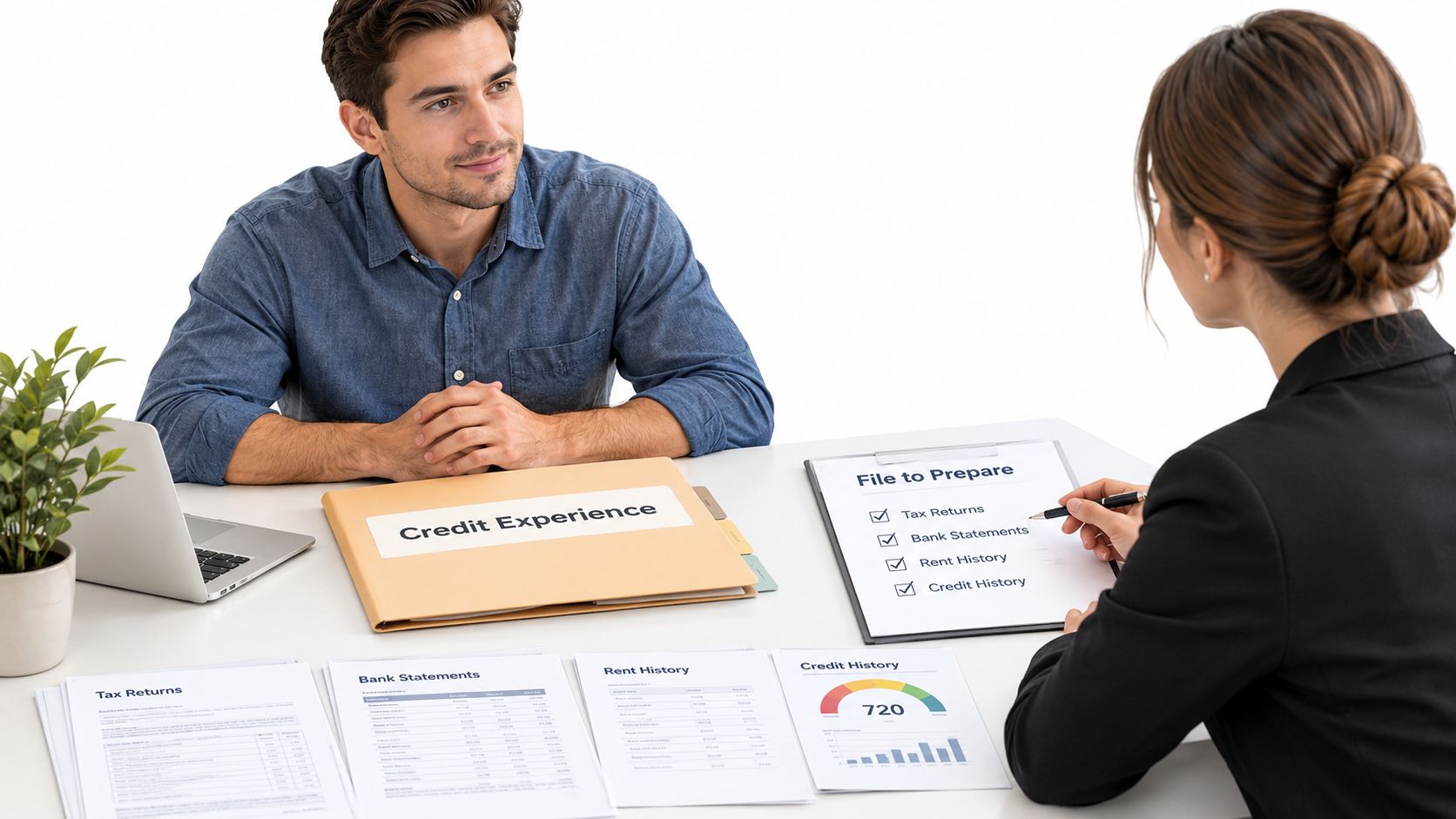 A professional man and woman meeting at a desk to discuss loan application document requirements.