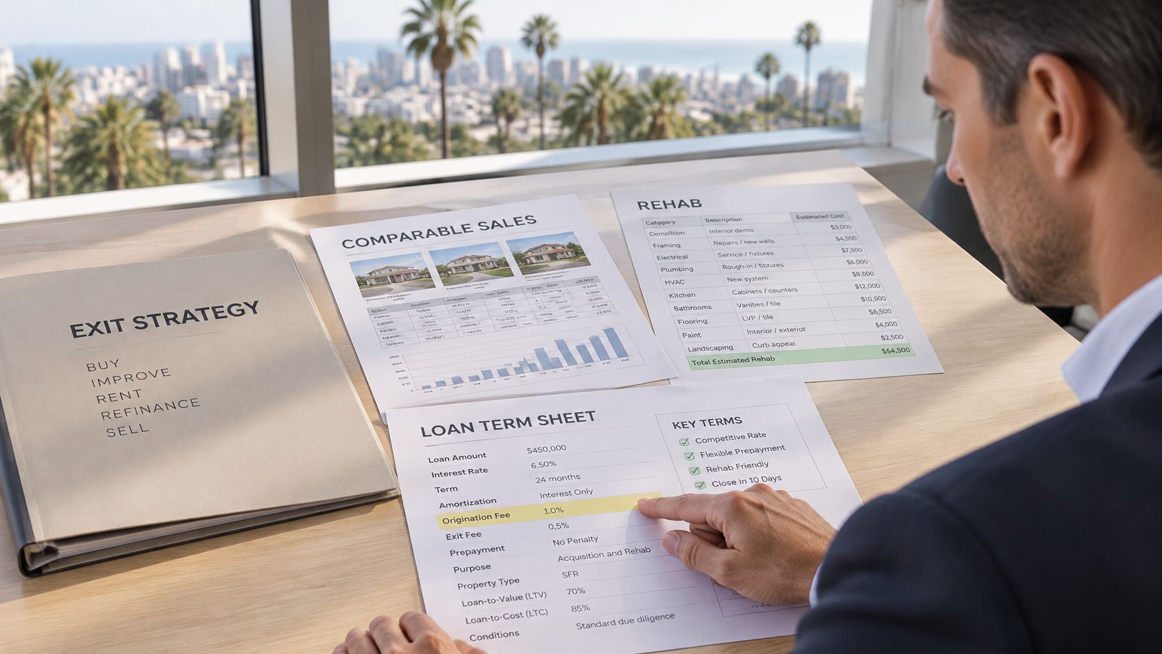 A professional man reviewing financial documents for a real estate investment strategy at a desk in California.