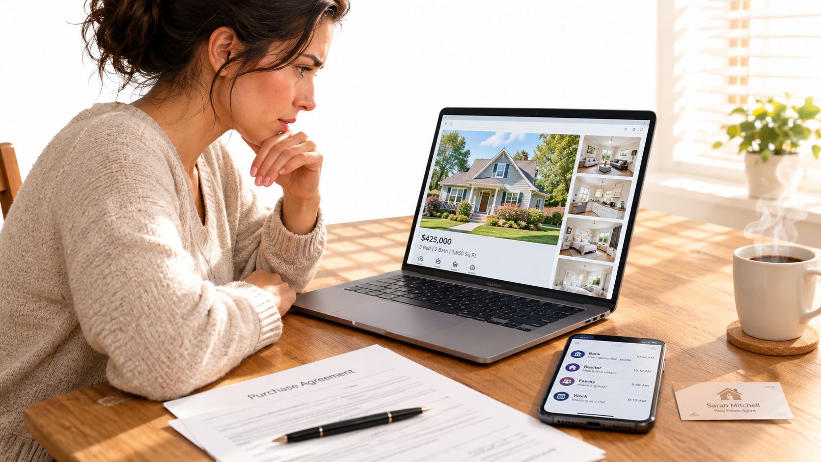 A woman researching real estate listings on her laptop while reviewing a purchase agreement and checking her phone.