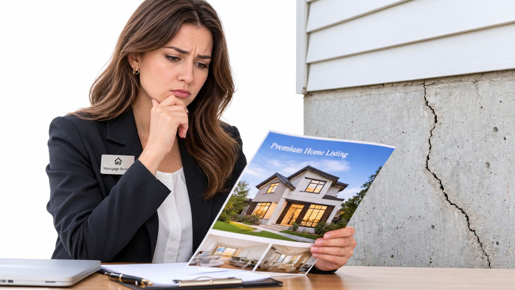A concerned mortgage broker reviewing a premium home listing brochure near a cracked concrete foundation wall.