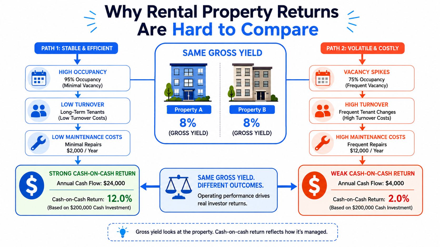 An infographic comparing how operational efficiency affects rental property returns despite identical gross yields between two properties.