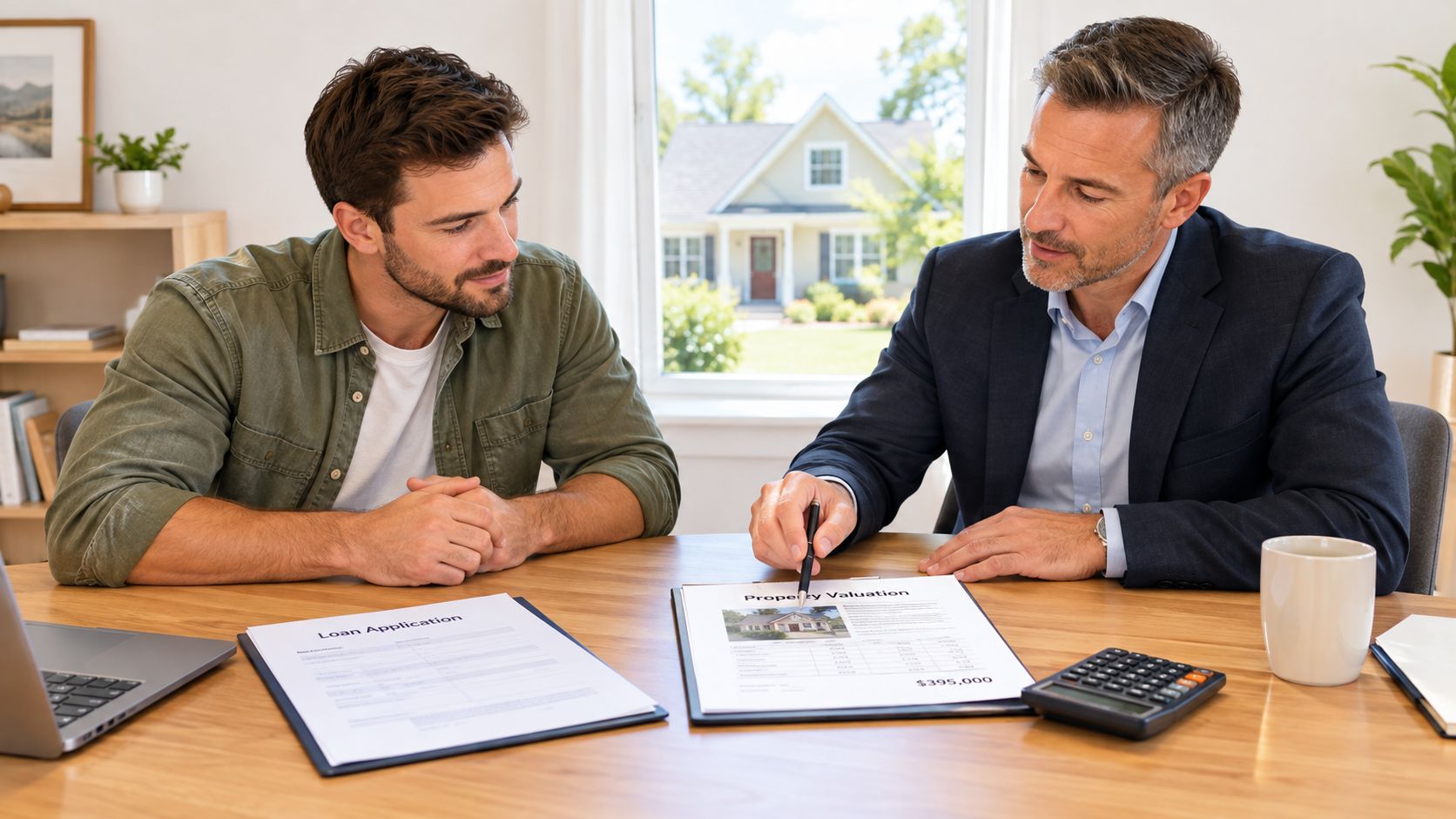 A professional financial advisor reviewing a property valuation document with a young male client at a desk.